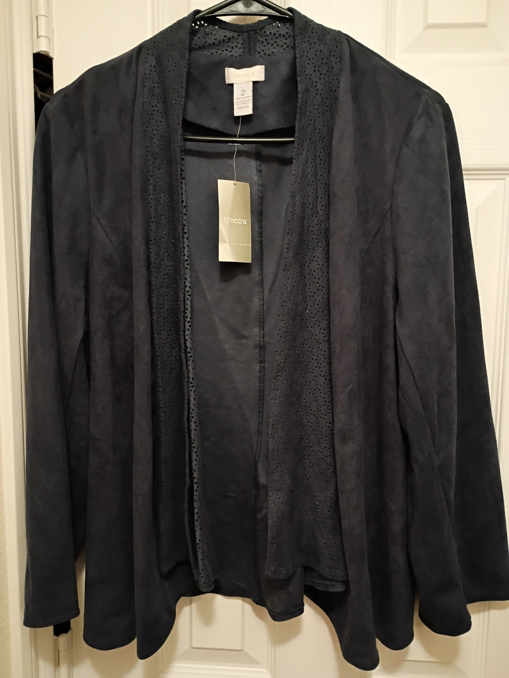 Chico's Drape Front  Jacket  Eyelet Faux Suede Ink Dk Blue Size 2 Large/12 NWT